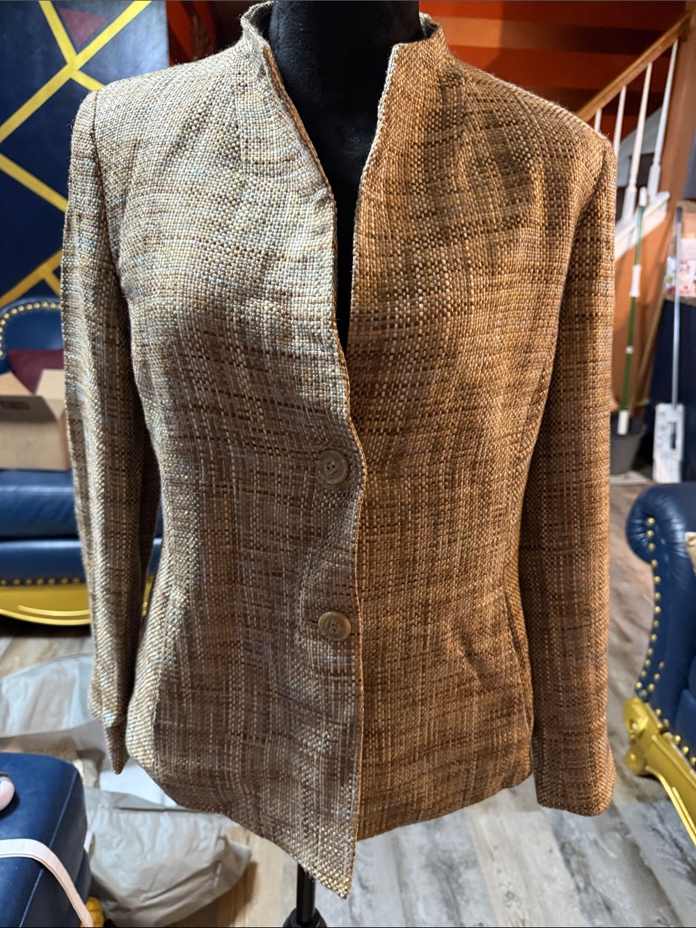Talbots Womens Tan Tweed Button-Front Jacket